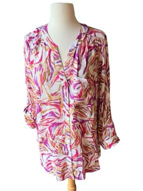 Intro. Multicolor Tunic Open Collar Button Details, 1X